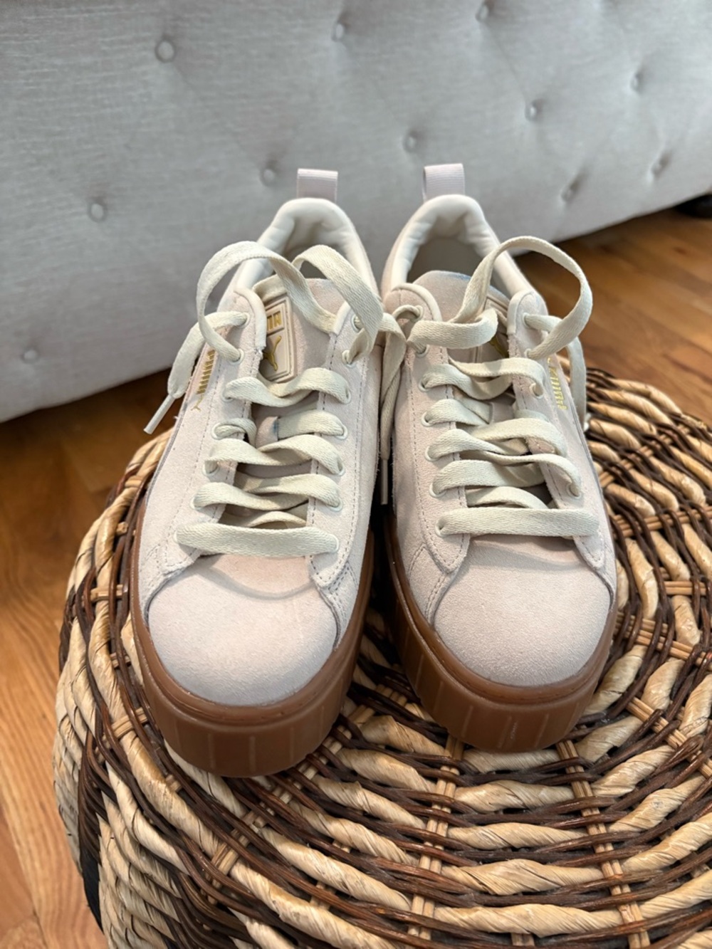 Puma Cream Suede Platform Sneakers with Brown Gum Sole